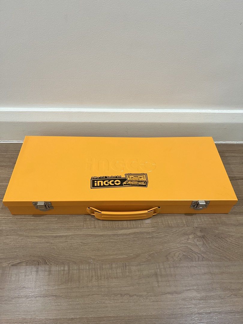 Ingco 24Pcs 1/2" Socket Set (Category: Construction Tools & Equipment) located in Quezon City. Submitted by knepler_rylan (Listing ID 1470565561, Image 2). Description: Used only a few times Rfs: moving - Brand new Ingco 24-piece 1/2-inch socket set - Includes 10mm to 32mm socket sizes for versatile tasks - Comes with ratchet handle, sliding T-bar, extension bars, and universal joint - Sturdy yellow metal carry case with secure latches - Molded f