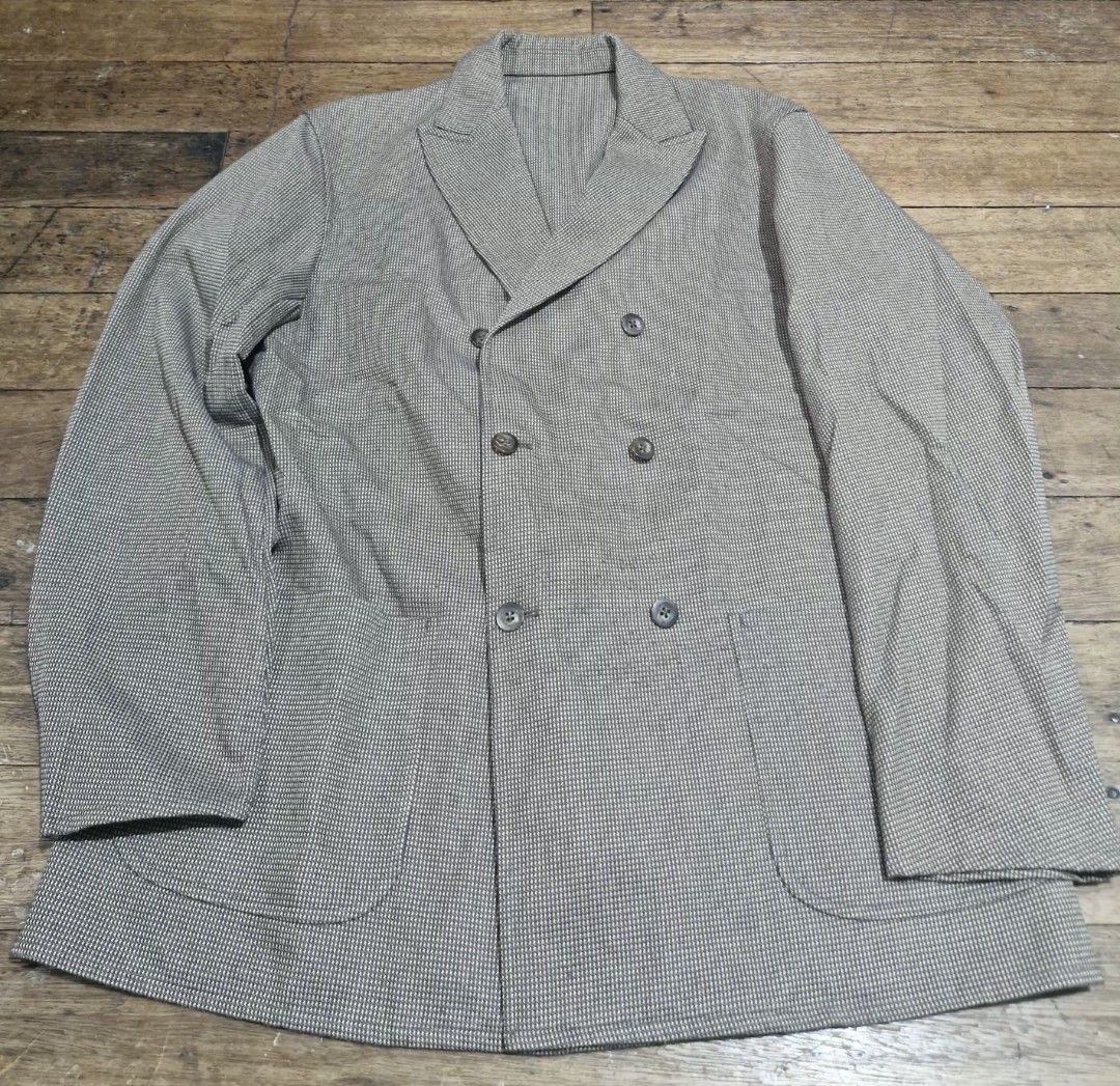 Initial double Breasted Houndstooth Blazer Jacket (Category: Coats, Jackets and Outerwear) located in Manila. Submitted by blackstarharpoon (Listing ID 1470583532, Image 1). Description: - Style: Double-breasted blazer in a classic brown houndstooth pattern - Details: Notch lapels, 6 front buttons, and 2 large front patch pockets - Fit & Build: Structured shoulders, long sleeves, and textured earthy fabric - Versatility: Great for layering over b