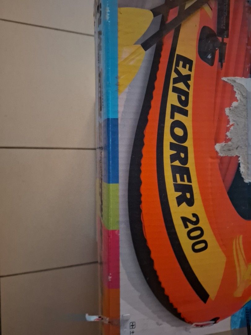 Intex Explorer 200 Inflatable Boat (Category: Water Sports) located in Quezon City. Submitted by drebjon13 (Listing ID 1470740276, Image 1). Description: - Brand new Intex Explorer 200 inflatable boat set (unused contents) - Bright orange design, perfect for pool days and lake trips - Includes a pair of paddles and a hand air pump inside - Note: Original box has minor tears near the top edge, but items are 100% untouched - Ships securely / Meet-u