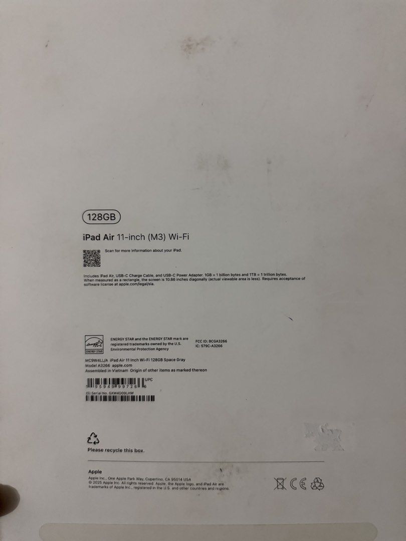 iPad Air 11-inch M3 Wi-Fi (Category: iPad) located in Taguig. Submitted by lalohan (Listing ID 1470666233, Image 3). Description: - Model: iPad Air 11-inch (M3) Wi-Fi -iPadOS Version - 26.6.1 - Storage: 128GB - Color: Space Gray - Condition: Excellent, well-maintained - Inclusions: Original box and black protective case -Battery Health 98% cycle count 80 - Warranty expires 1/29/27 - NO swapping.