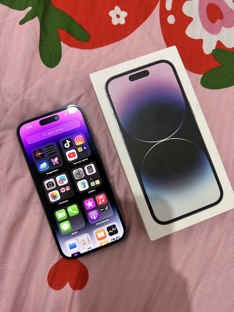 IPHONE 14PRO 128GB NO ISSUE (Category: iPhone 14 Series) located in Manila. Submitted by _tobbyyy (Listing ID 1470698798, Image 3). Description: Iphone 14 Pro 128Gb Deep Purple 74%Bh No Issue No History Repair Unit, Case , Orig Box only.