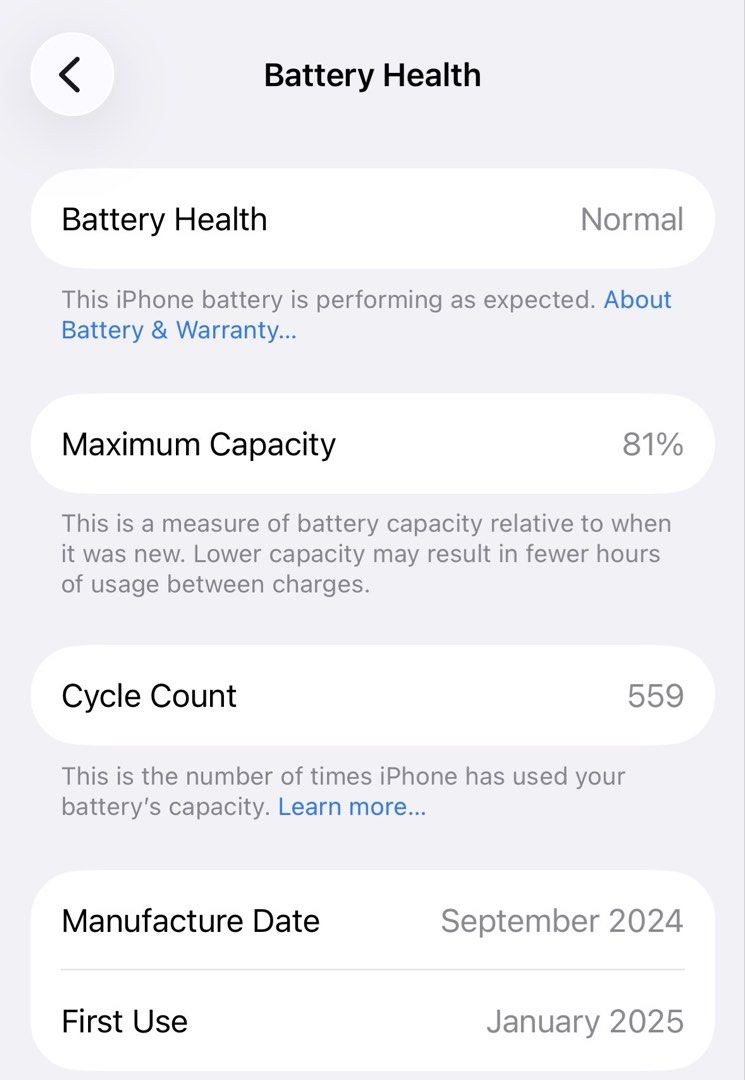 Iphone 15 - 128GB (Category: iPhone 15 Series) located in Quezon City. Submitted by pgm929 (Listing ID 1470707043, Image 2). Description: For Sale Iphone 15 - 23,990 128 GB Included in the box: Sim key Type C Cable With free Spigen Tough Armor Magsafe Case Battery Heath: 81% Mfg. Date: September 2024 First Use: January 2025 Rfs: Upgraded Iphone Payment: Cash / BPI Online.