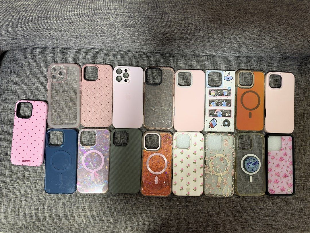 iPhone 16 Pro Max Cases ‼️TAKE ALL 1,500‼️ (Category: Cases & Sleeves) located in Manila. Submitted by hannabananahhh (Listing ID 1470620212, Image 2). Description: - Compatible Model: iPhone 16 Pro Max - Variety of Styles: Includes cute pink polka dots, floral patterns, glitter, character prints, and sleek magnetic/MagSafe cases - Condition: Good pre-owned condition (7/10) - Includes Mix brands Rhinoshield, Velvet Caviar, Wiwu, Spigen, etc. - Gr