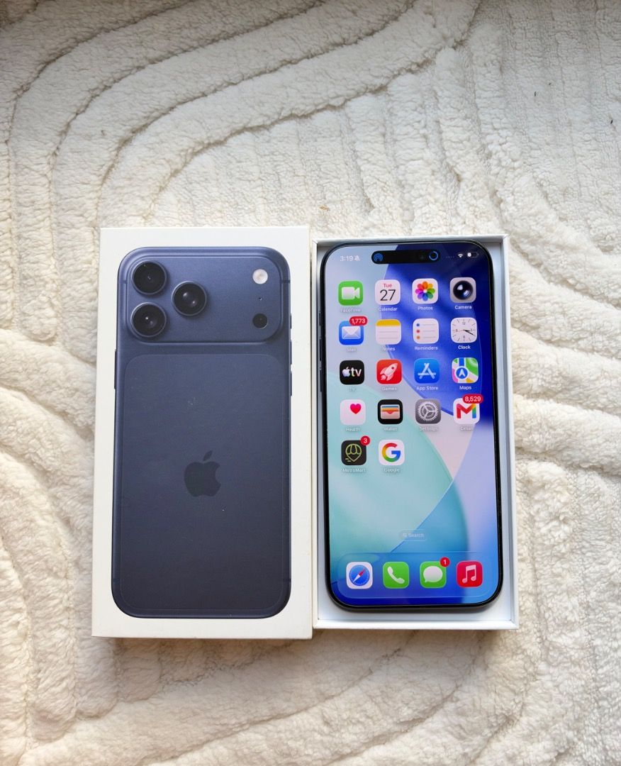 Iphone 17 pro max 256gb lady owned (Category: Early Generation Mobile Phones) located in Paranaque City. Submitted by lalynluna20 (Listing ID 1470622621, Image 1). Description: Iphone 17 Pro Max Deep blue 256GB with resibo Any sim can do 92 % Battery Health Complete Inclusions box and charger Super kinis likod at harap since day 1 may tempered glass Lady owned. Meet up only..