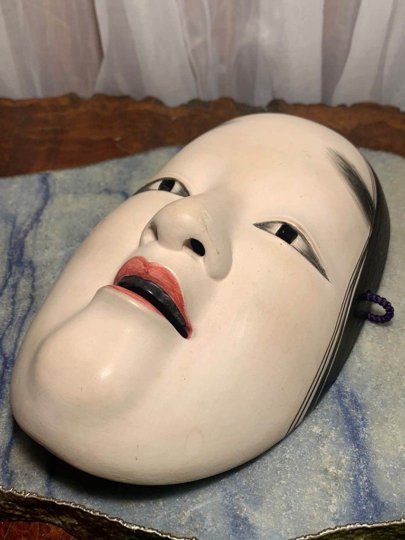 Japanese Noh Mask (Category: Vintage Collectibles) located in Davao. Submitted by antiquesandvintagestuffsPH (Listing ID 1470610461, Image 3). Description: Hand carved laquered wood Ko- omote (young girl) Noh theater mask vintage item adult face size with minor chips (see pics).