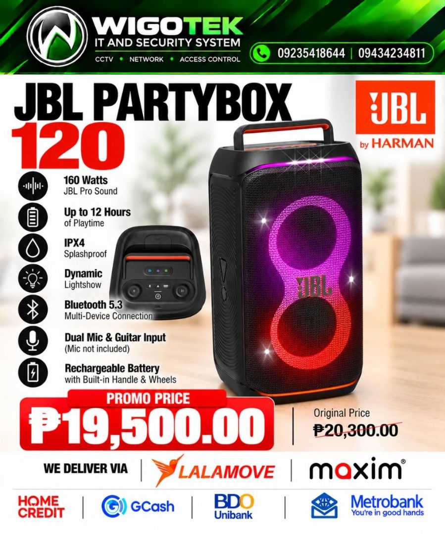 JBL PARTYBOX120 and JBL PARTYBOX130 (Category: Soundbars, Speakers & Amplifiers) located in Cebu City. Submitted by wenceslaor64113 (Listing ID 1470636681, Image 1). Description: For your inquiries Look For: ROSE 09383836240 09911004161 Or visit us #243 Sms Bldg Plaridel St Alang-Alang Mandaue City Cebu (Near UV Mandaue Campus Beside Dubby's Burger) ✅Pin Location: Wigotek Computers and Cctv Jose L. Briones St..