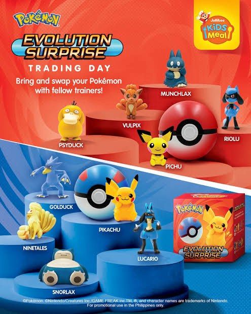 Jollibee Kids Meal Pokemon (Category: Figurines & Statues) located in Quezon City. Submitted by therichguy (Listing ID 1470591897, Image 1). Description: Jollibee Kids Meal Pokemon Evolution Blind Box (150 each) ✅ Pichu (2x) ✅ Ninetails ✅ Munchlax ✅ Riolu W/ Pokeball and sealed. RFS: Dupe and declutter. ** Price is lower than suggested market price, so non-negotiable na sorryyyy 🥺💙.