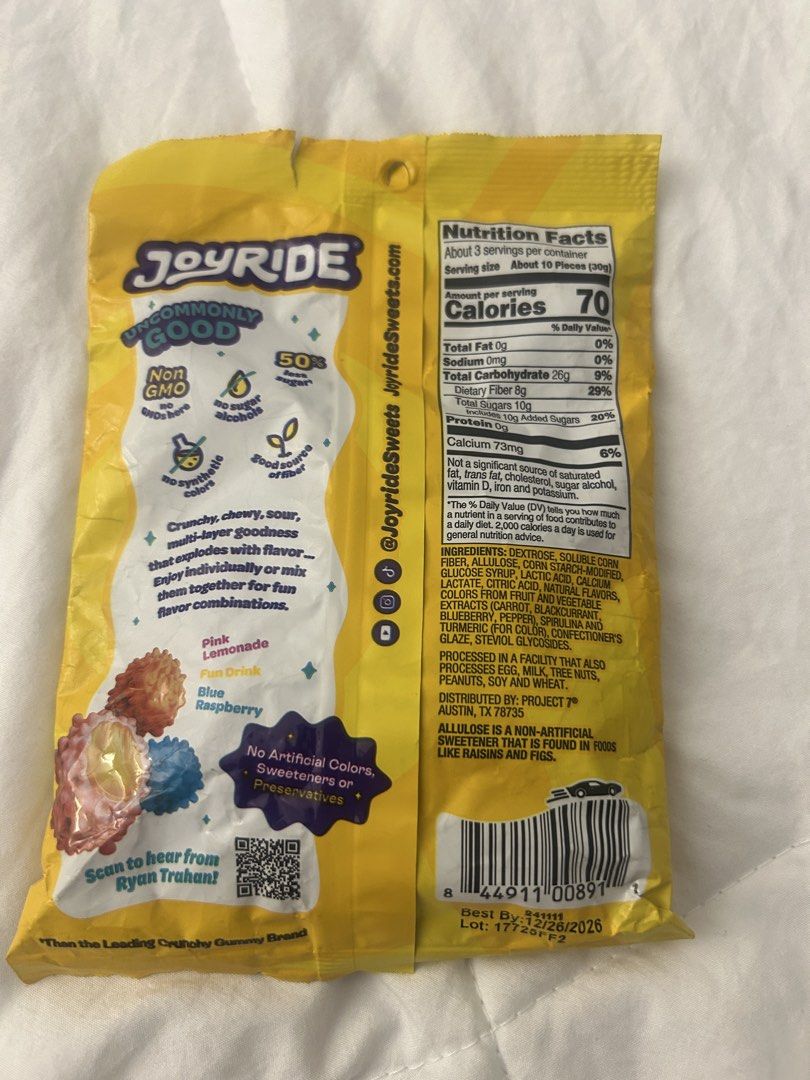 Joyride Candy (Category: Packaged & Instant Food) located in Manila. Submitted by carlosmiles016 (Listing ID 1470687856, Image 2). Description: Bought this in California back in April 2026. Selling for below market price due to near Best By date. - Product: JoyRide Gummy Busters Sour Candy - Size: 3.5 oz bag (Sealed, brand new) - Endorsed by: Ryan Trahan - Flavors: Pink lemonade, fun drink, and blue raspberry - Texture: Crunchy and chewy multi-la