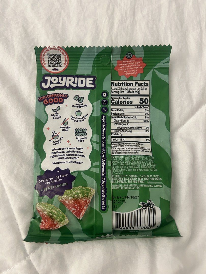JoyRide Sour Watermelon Wedges Candy 3.5 oz (Category: Packaged & Instant Food) located in Manila. Submitted by carlosmiles016 (Listing ID 1470688404, Image 2). Description: Bought in California Back in April 2026. Located in Davao city - Product: JoyRide Sour Watermelon Wedges - Size: 3.5 oz bag - Condition: Brand new, unopened, and sealed - Expiry Date: January 18, 2027 - Health Benefits: Plant-based, 80% less sugar (only 4g per serving), and c