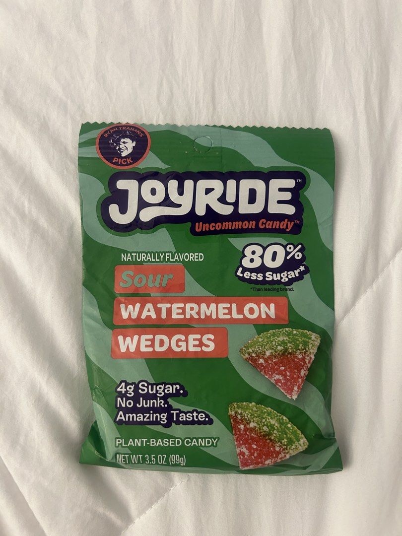 JoyRide Sour Watermelon Wedges Candy 3.5 oz (Category: Packaged & Instant Food) located in Manila. Submitted by carlosmiles016 (Listing ID 1470688404, Image 1). Description: Bought in California Back in April 2026. Located in Davao city - Product: JoyRide Sour Watermelon Wedges - Size: 3.5 oz bag - Condition: Brand new, unopened, and sealed - Expiry Date: January 18, 2027 - Health Benefits: Plant-based, 80% less sugar (only 4g per serving), and c