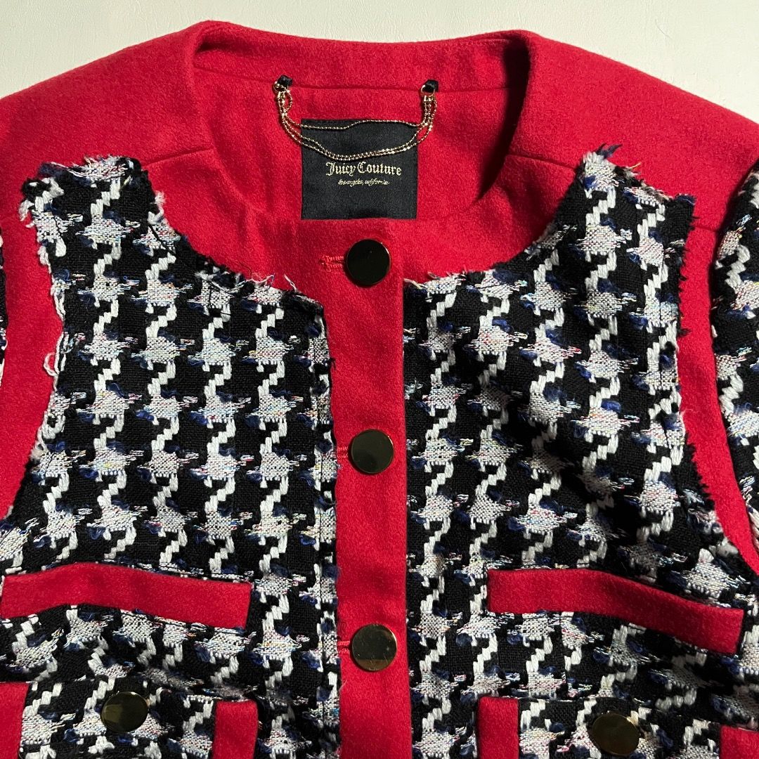 Juicy Couture Houndstooth Tweed Jacket Red Black (Category: Coats, Jackets and Outerwear) located in Caloocan City. Submitted by achilles_grails (Listing ID 1470728469, Image 2). Description: - Brand: Juicy Couture - Pattern/Color: Black & white houndstooth with vibrant red wool-blend trim - Material: 79% acrylic, 18% polyester, 3% wool; fully lined in black acetate - Details: Gold-toned front buttons, functional pocket details, and chain locker 