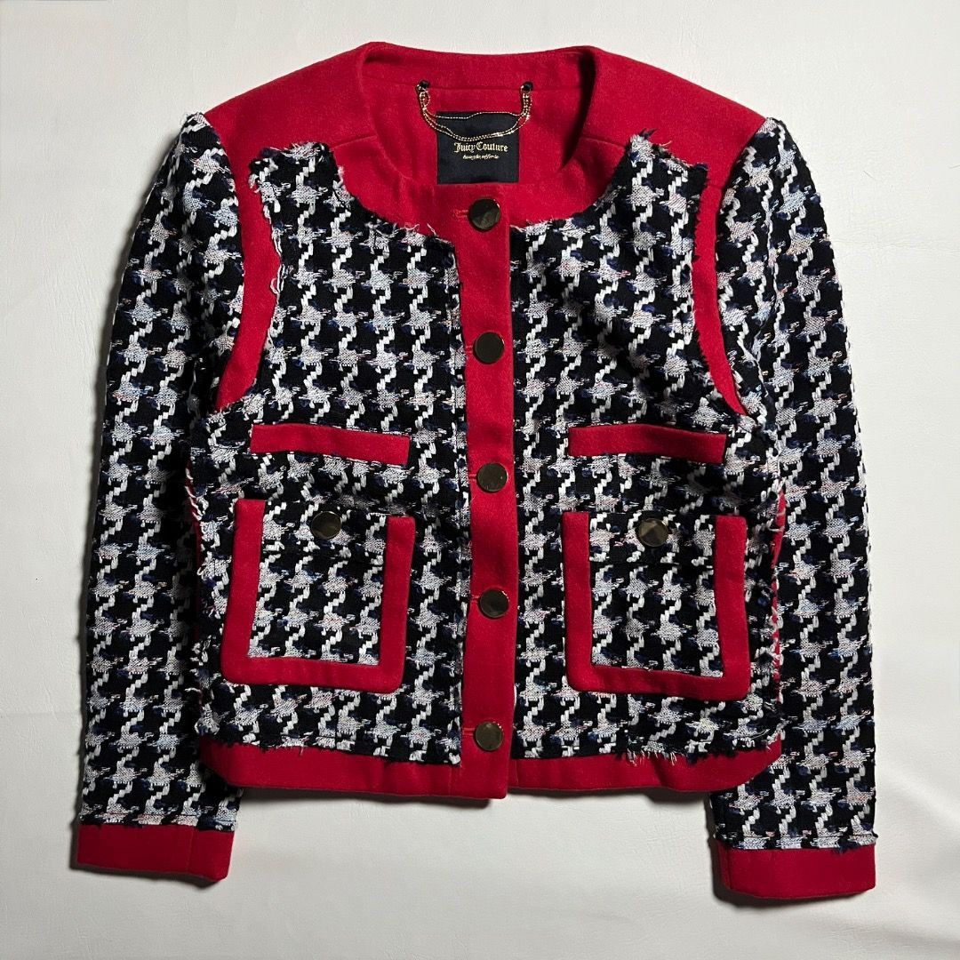 Juicy Couture Houndstooth Tweed Jacket Red Black (Category: Coats, Jackets and Outerwear) located in Caloocan City. Submitted by achilles_grails (Listing ID 1470728469, Image 1). Description: - Brand: Juicy Couture - Pattern/Color: Black & white houndstooth with vibrant red wool-blend trim - Material: 79% acrylic, 18% polyester, 3% wool; fully lined in black acetate - Details: Gold-toned front buttons, functional pocket details, and chain locker 