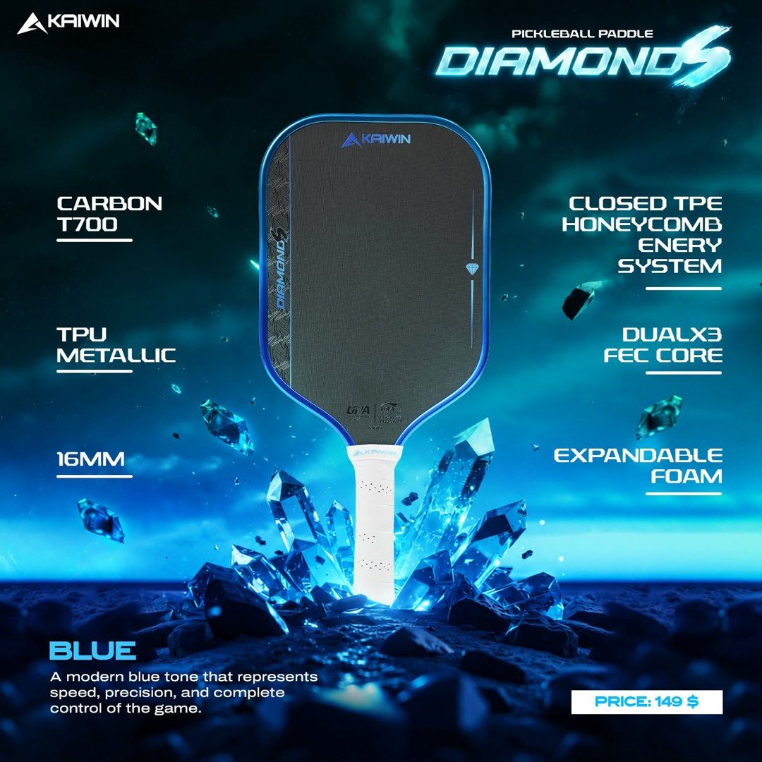 Kaiwin Diamonds Pickleball Paddle Carbon T700 (Category: Racket and Ball Sports) located in Taguig. Submitted by emmanuelfutaalan (Listing ID 1470590215, Image 1). Description: - Brand: Kaiwin Diamonds - Thickness: 16mm high-performance paddle - Material: Premium T700 carbon fiber - Core & Tech: Dualx3 fec core, closed TPE honeycomb energy system, and expandable foam for power and control - Build: Durable TPU metallic trim along the edge - Colors