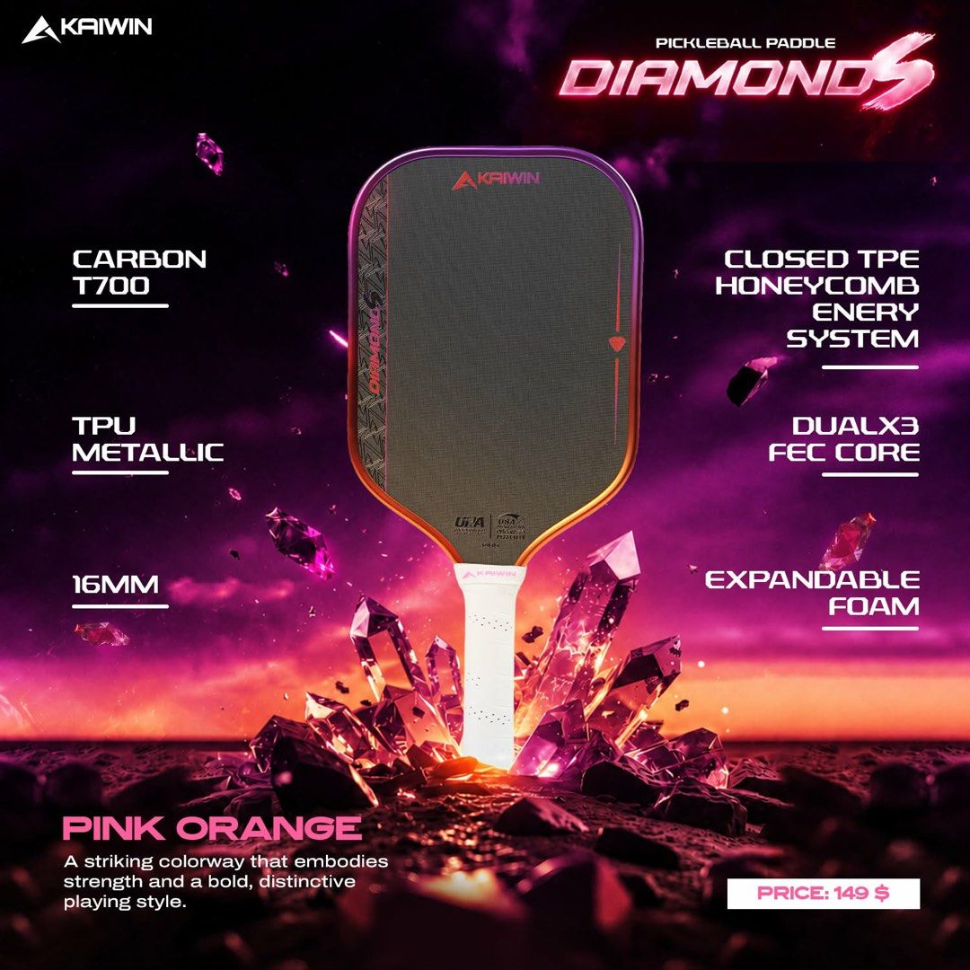 Kaiwin Diamonds Pickleball Paddle Carbon T700 (Category: Racket and Ball Sports) located in Taguig. Submitted by emmanuelfutaalan (Listing ID 1470590215, Image 2). Description: - Brand: Kaiwin Diamonds - Thickness: 16mm high-performance paddle - Material: Premium T700 carbon fiber - Core & Tech: Dualx3 fec core, closed TPE honeycomb energy system, and expandable foam for power and control - Build: Durable TPU metallic trim along the edge - Colors
