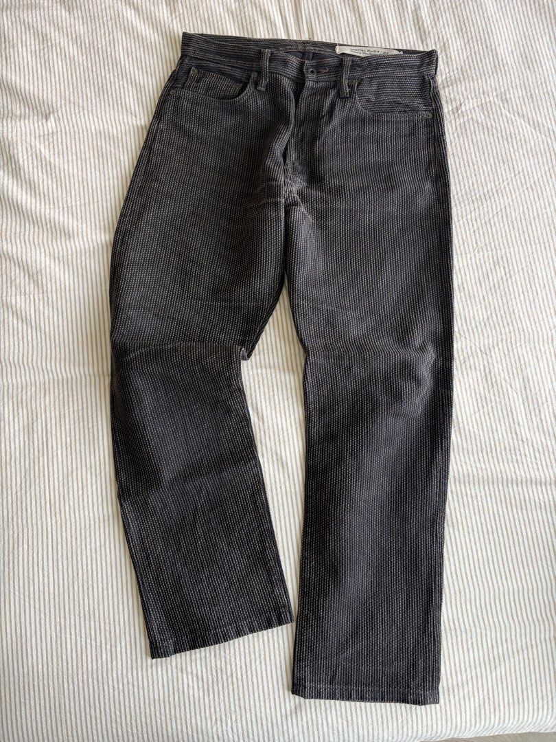 Kapital Century Denim Size 36 (Category: Jeans) located in Baguio. Submitted by expired_inventory (Listing ID 1470598270, Image 1). Description: - Brand: Kapital - Color: Dark charcoal with all-over textured pattern - Size: 36 (tagged on inner pocket and back waist patch) - Material: 100% cotton, Made in Japan - Details: Button fly closure, back cinch strap, and suede leather back patch - Condition: Excellent Dm for more information.