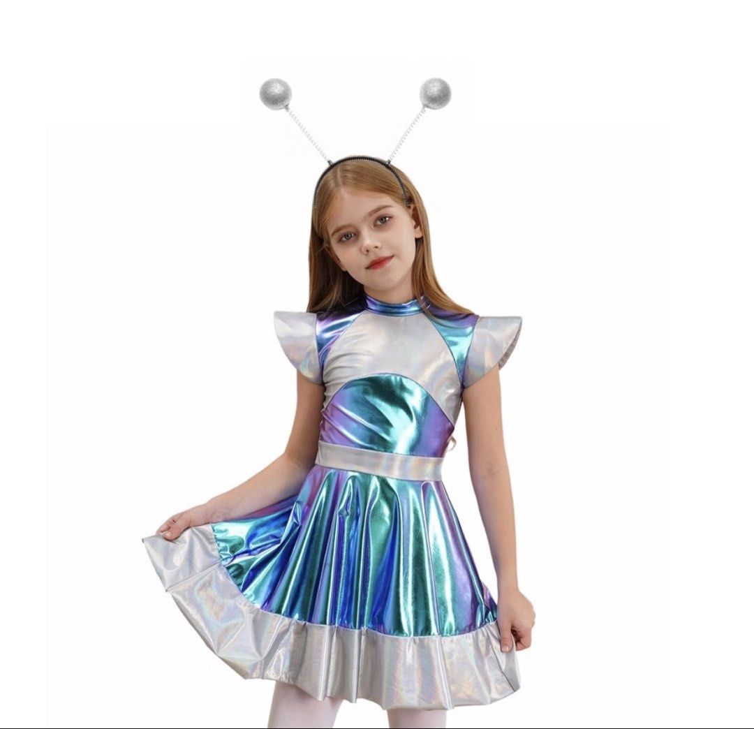 Kids Alien / Outer Space/ Cosmic Costume and Headband (Category: Babies & Kids Fashion) located in Makati City. Submitted by nicole_7 (Listing ID 1470565490, Image 2). Description: Metallic space alien dress with matching headband Size: 6 RFS: purchased the wrong size .
