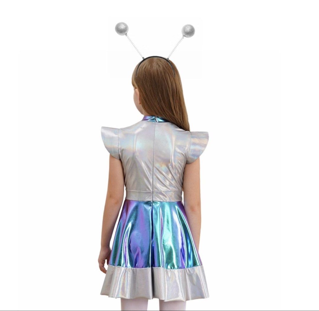 Kids Alien / Outer Space/ Cosmic Costume and Headband (Category: Babies & Kids Fashion) located in Makati City. Submitted by nicole_7 (Listing ID 1470565490, Image 3). Description: Metallic space alien dress with matching headband Size: 6 RFS: purchased the wrong size .