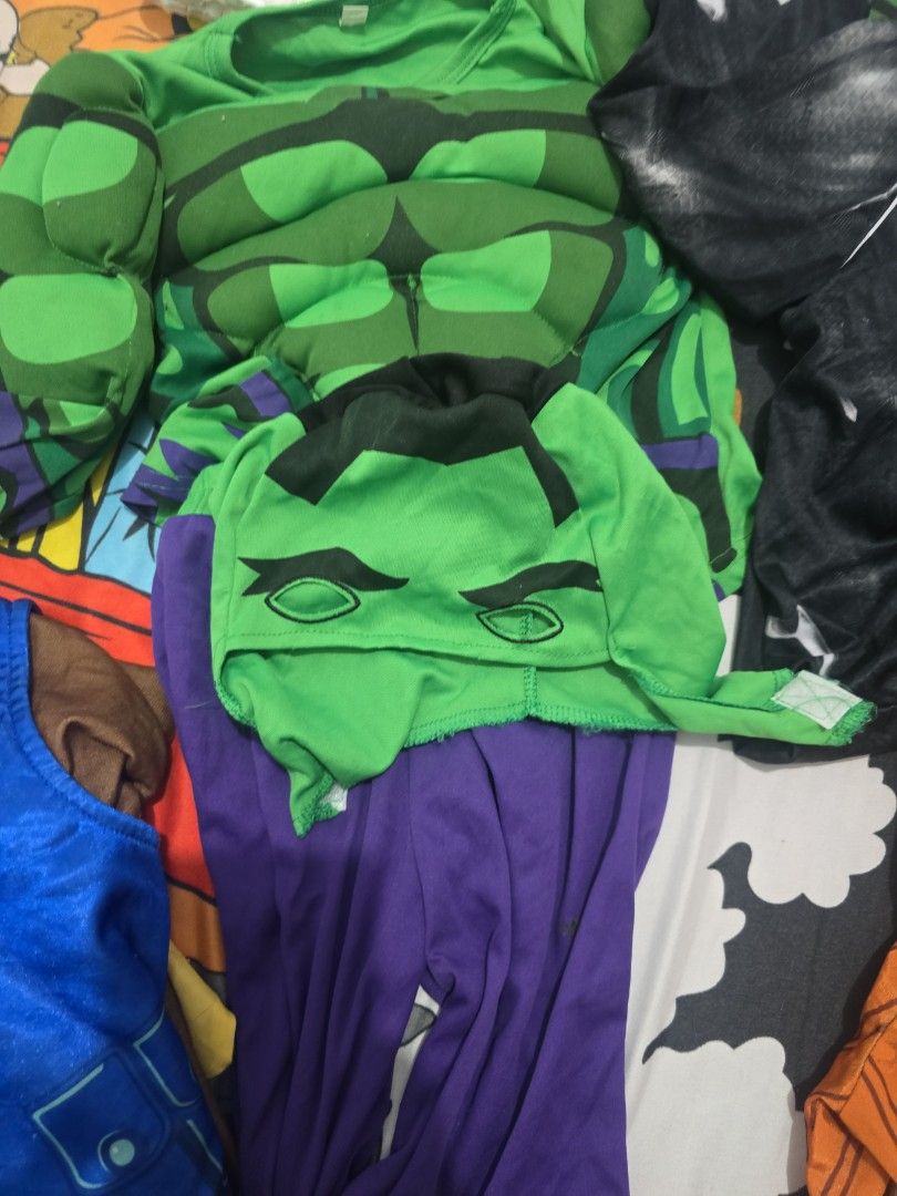 Kids Costume Bundle Assorted Characters Set (Category: Babies & Kids Fashion) located in Manila. Submitted by joannahnat46410 (Listing ID 1470580891, Image 3). Description: - Bundle of 7 kids costumes and dress-up tops - Includes: Hulk outfit with mask, blue pj mask with mask (no pants) , paw patrol, camouflage gear, antonio (encanto for 1-2yo set) , camillo with wig (encanto) and black panther - Mixed sizes and styles sold together as one lot - 