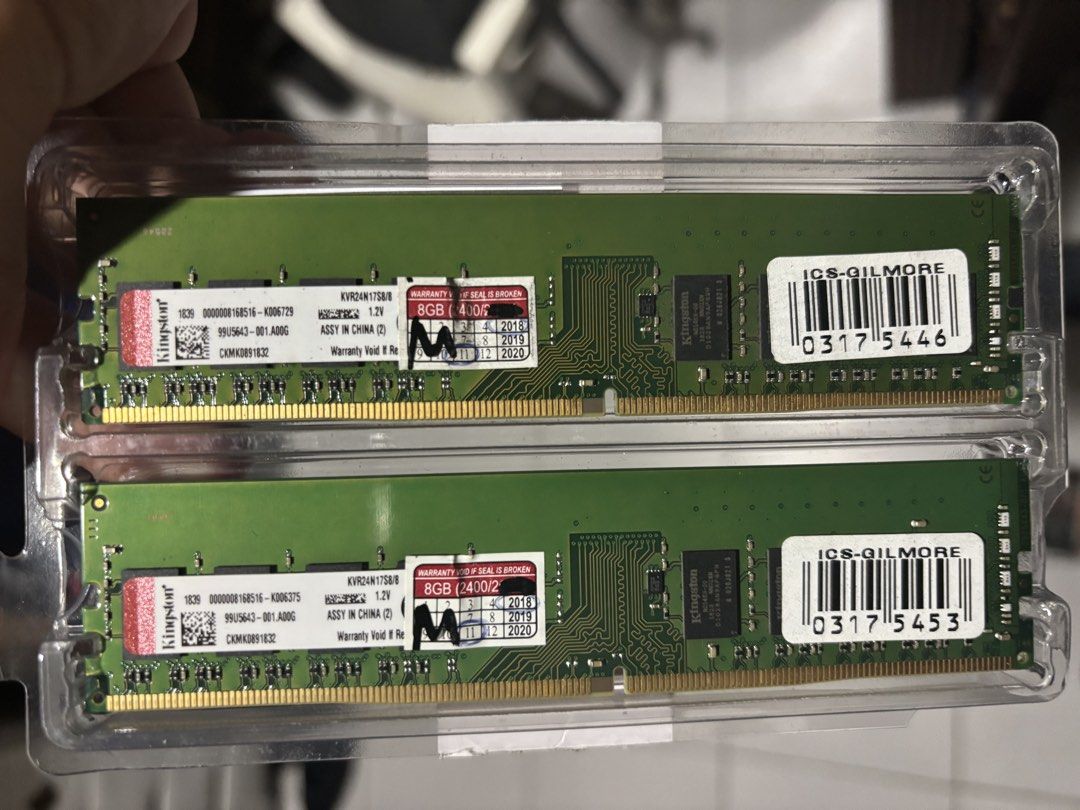 Kingston 8GB DDR4 RAM Memory Stick (2 Sticks) (Category: Computer Parts) located in Pasay City. Submitted by denzdenz08 (Listing ID 1470735757, Image 1). Description: - Item: 2x Kingston 8GB RAM Sticks - Model: KVR24N17S8/8 For sale 8gb 2pcs = 16gb ddr4 ram good working condition 3,000 pesos fix na pick up - leveriza malate manila pwede lalamove sagot nyo fee chat or txt me 09-950467720.
