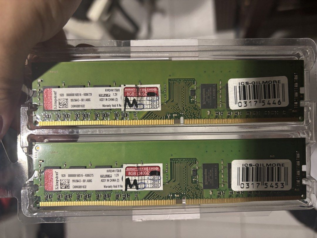 Kingston 8GB DDR4 RAM Memory Stick (2 Sticks) (Category: Computer Parts) located in Pasay City. Submitted by denzdenz08 (Listing ID 1470735757, Image 2). Description: - Item: 2x Kingston 8GB RAM Sticks - Model: KVR24N17S8/8 For sale 8gb 2pcs = 16gb ddr4 ram good working condition 3,000 pesos fix na pick up - leveriza malate manila pwede lalamove sagot nyo fee chat or txt me 09-950467720.
