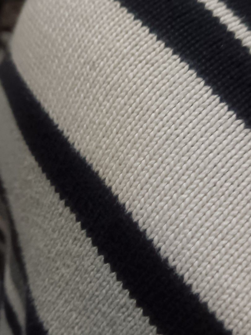 Knitted Striped Polo Sweater (Category: Longsleeves) located in Caloocan City. Submitted by ianbelgica (Listing ID 1470652915, Image 2). Description: - Brand: Marc O'Polo - Style: Knit polo sweater with classic black, grey, and white stripes - Details: Collar neckline, 2-button placket, long sleeves with ribbed cuffs and hem - Material: Soft, comfortable knit fabric - Condition: Excellent, ready to wear - Size: Medium W: 21 L:27 - Issue: stain, b