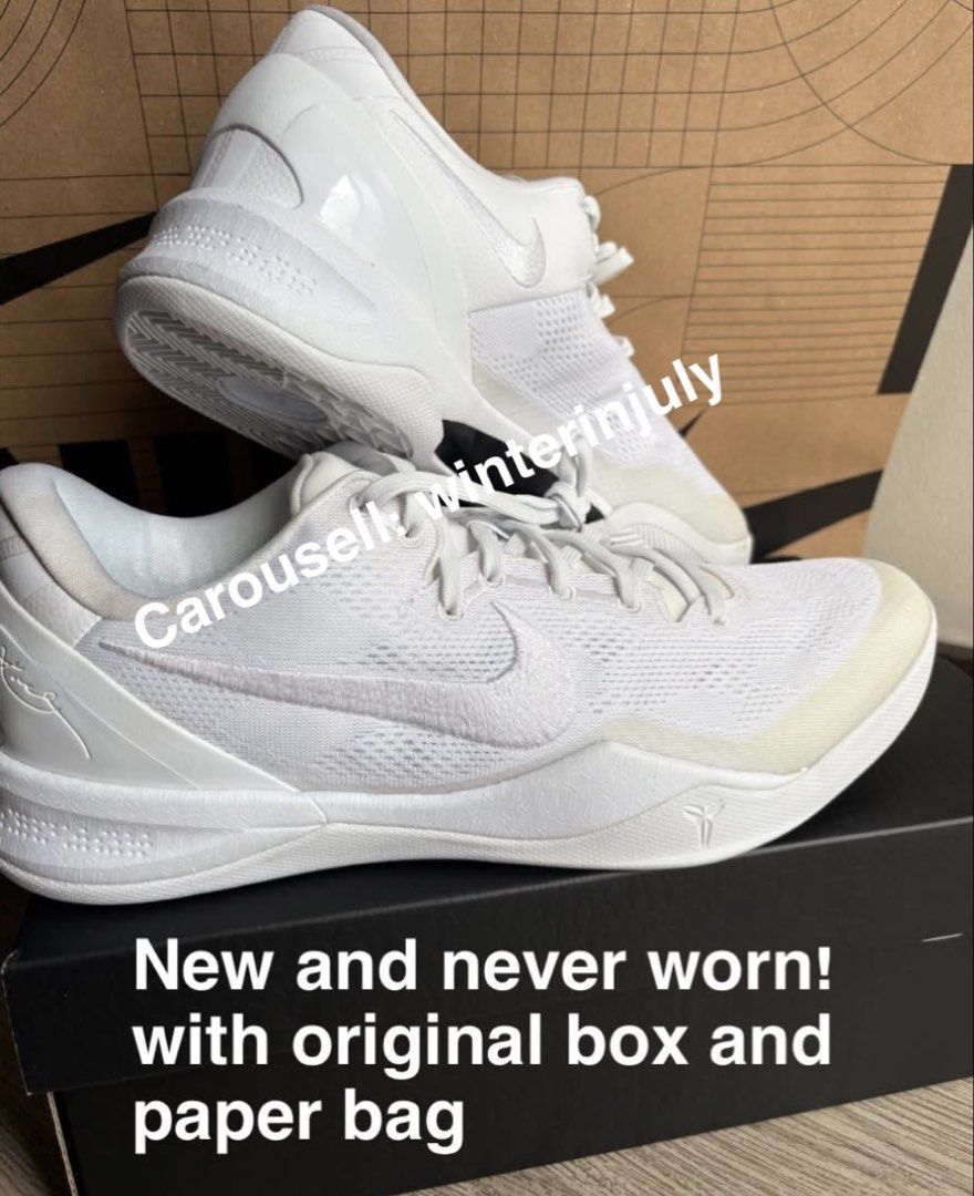 Kobe 8 Protro White Triple White Brand New (Category: Sneakers) located in Taguig. Submitted by winterinjuly (Listing ID 1466583579, Image 1). Description: Selling for ₱7,500 only Original price: ₱13,000 New and never worn, just displayed. With original box and paper bag Size: US 12/UK 11 Please see all pictures for full details Buyer shoulders shipping fee or pickup from BGC, Taguig City .