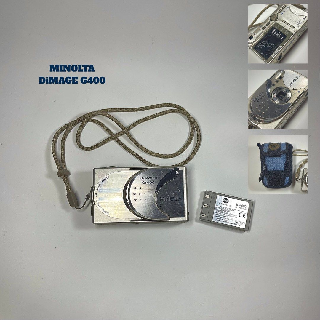 Konica Minolta DiMAGE G400 (Category: Cameras) located in Cavite. Submitted by gwythrifts (Listing ID 1470697440, Image 2). Description: Konica Minolta DiMAGE G400 Condition: 6/10 Issue: Burn lens, Hazy output, Cracked screen Inclusions: Battery, Bag, and Strap ₱ 1000.