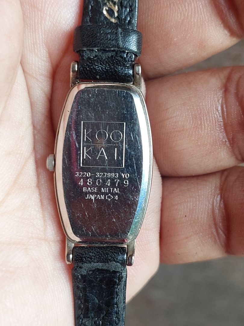 Kookai Vintage Rectangular Black Leather Watch Japan Movement (Category: Women's Watches) located in Batangas. Submitted by vintageanddainty (Listing ID 1470580629, Image 3). Description: - Brand: Kookai Vintage - Dial: Black rectangular with white index markers - Strap: Genuine black leather with silver-tone buckle - Case Back: Stainless steel base metal, stamped with model 3220-327993 YO and serial 480479 - Style: Classic minimalist, slim band,