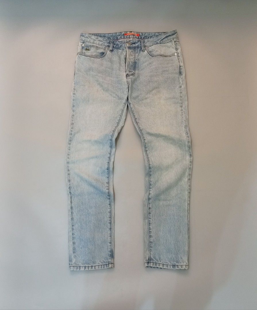 Lacoste Live Light Blue Denim Jeans (Category: Jeans) located in Cebu City. Submitted by MrLiks_123 (Listing ID 1470352281, Image 1). Description: Lacoste L!ve button fly light-wash slim-fit denim jeans Size 32 on tag Size 34 actual size Length 40½ Hem 6 Used, in great perfect quality condition Well-Maintained Cebu location Price : 2k only Dm🙇.