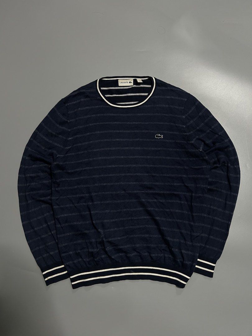 Lacoste stripe knit sweater (authentic) (Category: Coats, Jackets and Outerwear) located in Trece Martires City. Submitted by flip_flips (Listing ID 1470697579, Image 1). Description: Lacoste stripe knit sweater (authentic) -Dimes: 22 width 27 length -Excellebt condition -9.5/10 color rate -issue: none.