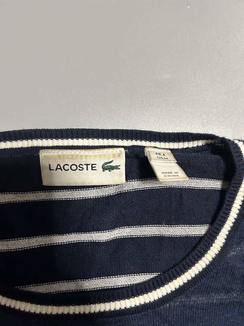 Lacoste stripe knit sweater (authentic) (Category: Coats, Jackets and Outerwear) located in Trece Martires City. Submitted by flip_flips (Listing ID 1470697579, Image 3). Description: Lacoste stripe knit sweater (authentic) -Dimes: 22 width 27 length -Excellebt condition -9.5/10 color rate -issue: none.