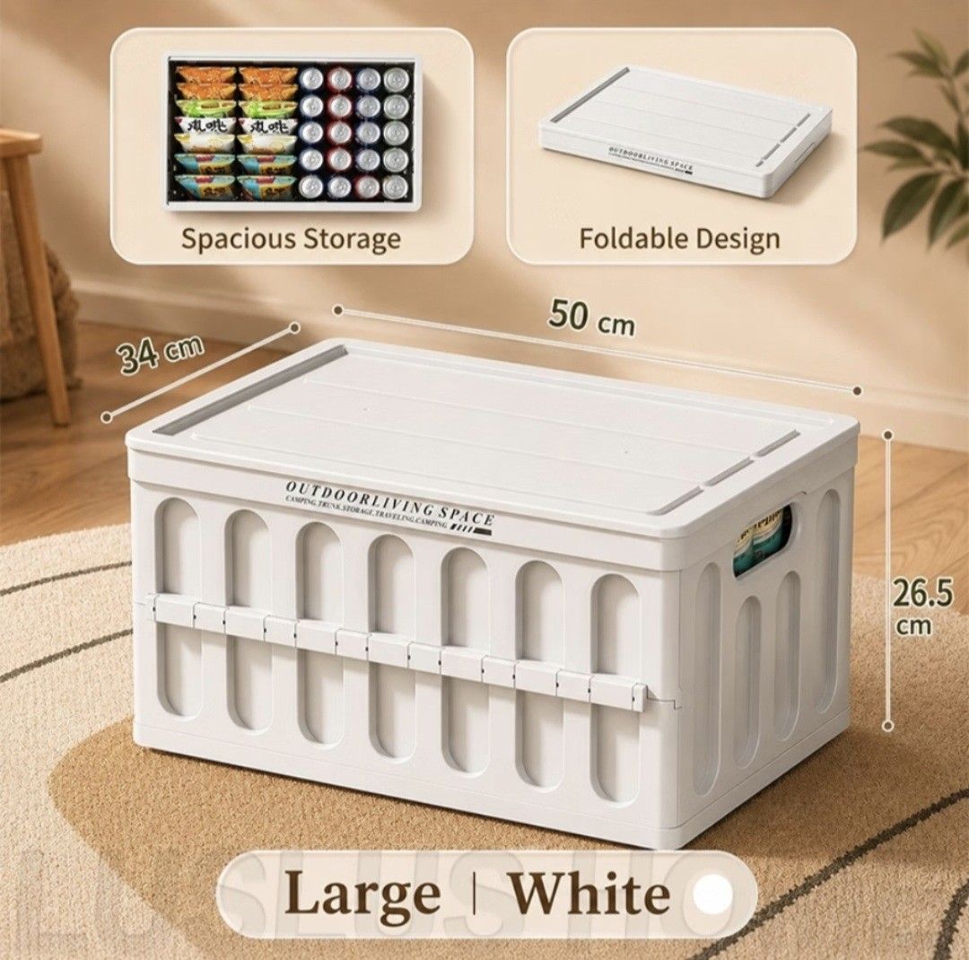 Large Foldable Plastic Storage Box Black (Category: Storage Boxes & Baskets) located in Pasay City. Submitted by froiexist (Listing ID 1470631259, Image 1). Description: - Color: Black - Dimensions: Approx. 50cm x 34cm x 26cm - Material: Sturdy plastic build with solid lid - Design: Collapsible for easy storage, with built-in side cutout handles - Ideal Use: Great for organizing clothes, snacks, or camping gear - Condition: Clean interior, excell