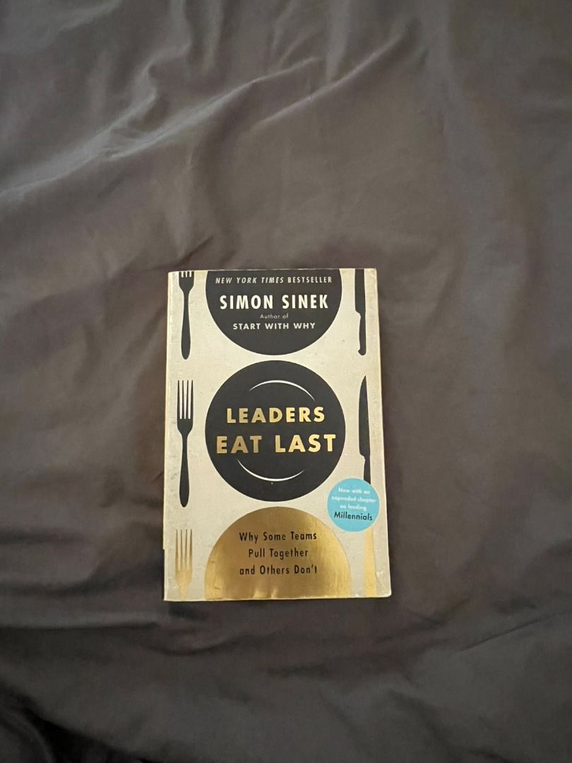 Leaders Eat Last by Simon Sinek (Category: Storybooks) located in Pasig City. Submitted by mimosaaas (Listing ID 1470565118, Image 1). Description: - Title: Simon Sinek's bestselling leadership book - Genre: Business, Leadership, Teamwork, Trust-building - Condition: Like new (read only once, stored on shelf).