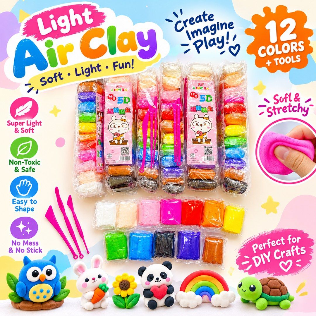 Light Air Clay Set with FREE Tools 12 Colors (Category: Craft Supplies & Tools) located in Manila. Submitted by quininionlineshop (Listing ID 1470700810, Image 1). Description: Can Ship ASAP/Within the day! 💕 We give discount for bulk orders! - 12 vibrant colors of super light and stretchy air dry clay - Non-toxic and safe formula, perfect for kids' crafts and school projects - Non-sticky texture that stays soft and is very easy to shape - Inclu