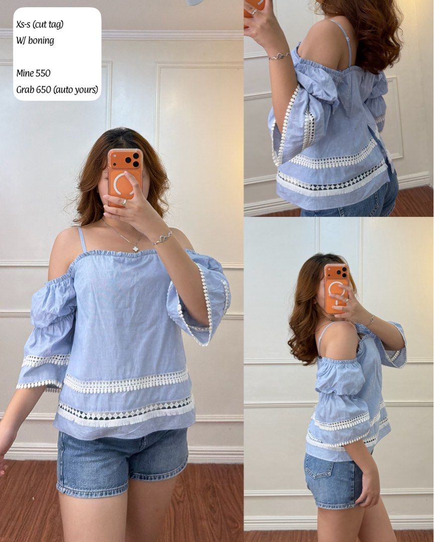Light Blue Off-Shoulder Blouse with White Lace Trim (Category: Blouses) located in Manila. Submitted by angelll0123 (Listing ID 1470706343, Image 1). Description: - Color: Light blue - Size: XS to S (tag cut) - Fit & Structure: Off-shoulder design with internal boning to maintain shape - Sleeves: Puffed half-sleeves with elastic bands - Details: White lace cut-out accents and fringe hem - Styling Tip: Looks amazing paired with denim shorts - Cond