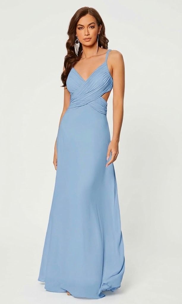 Like New SHEIN Light Blue Pleated Maxi Dress Bridesmaid Evening Formal - Size 8 Medium Large (Category: Dresses) located in Paranaque City. Submitted by SpencersMommy (Listing ID 1470430945, Image 1). Description: Brand: SHEIN *like new, 9/10 condition Color: Light Blue Size on Tag: US Size 8 Measurements when laid flat: Armpit to armpit 19 inches Waist 15 inches Length 56 inches - Design: Pleated bodice with wrap-around crossover straps - Back d