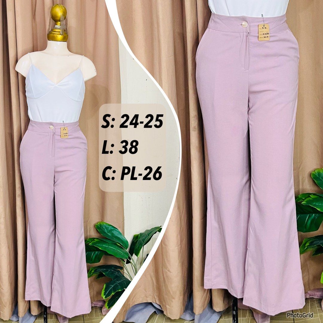 Light Pink Flare Pants | S: 24-25 (Category: Jeans) located in Manila. Submitted by bengirlclothing (Listing ID 1470590390, Image 1). Description: - Color: Light purple - Size: Waist 24-25, Length 38 - Material: Smooth finish fabric.