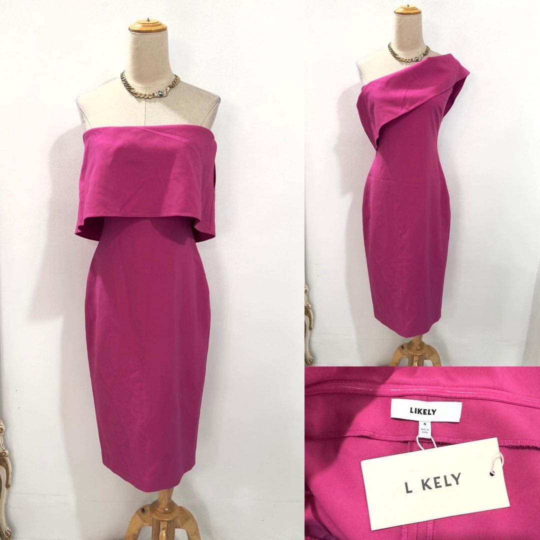 Likely Pink One-Shoulder Midi Dress Size 4 (Category: Dresses) located in Bacolod City. Submitted by bhabissagal-05763 (Listing ID 1470656109, Image 1). Description: - Brand: Likely - Condition: Brand new with original tags attached (BNWT) - Size: 4 - Color: Bright pink - Style: One-shoulder asymmetrical neckline with overlay flap design - Fit: Structured bodycon silhouette hitting at mid-calf - Details: Clean inside lining and crisp fabric.