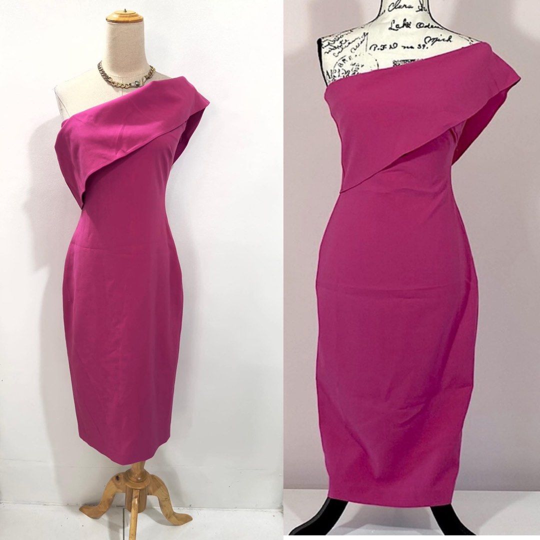 Likely Pink One-Shoulder Midi Dress Size 4 (Category: Dresses) located in Bacolod City. Submitted by bhabissagal-05763 (Listing ID 1470656109, Image 2). Description: - Brand: Likely - Condition: Brand new with original tags attached (BNWT) - Size: 4 - Color: Bright pink - Style: One-shoulder asymmetrical neckline with overlay flap design - Fit: Structured bodycon silhouette hitting at mid-calf - Details: Clean inside lining and crisp fabric.