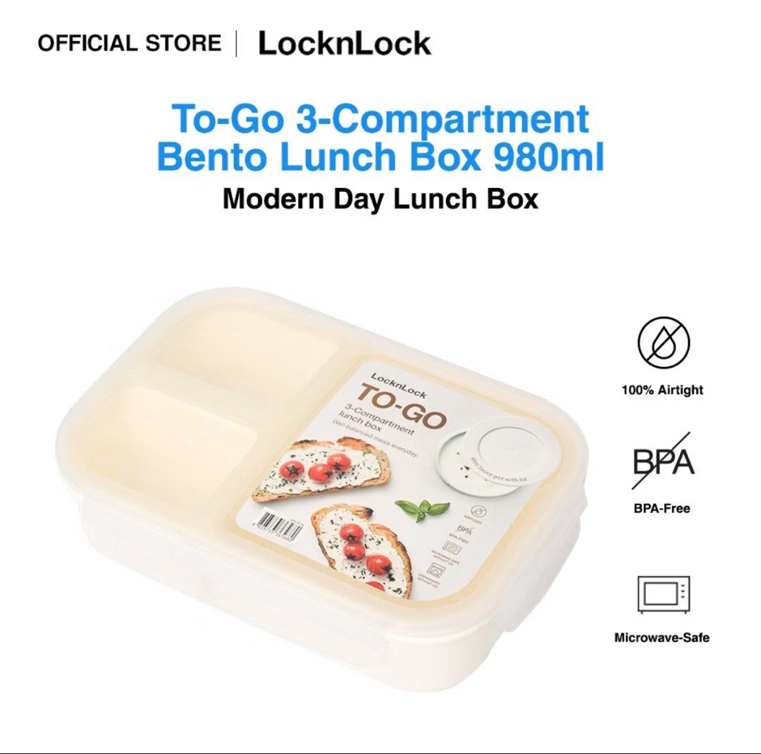 LocknLock To-Go 3-Compartment Bento Lunch Box 980ml (Category: Food Organization & Storage) located in Bacolor. Submitted by declutterwithmilo (Listing ID 1470590716, Image 1). Description: 📦 RFS: declutterring. - 980ml Beige Color with 3 compartment - brand new; without the sauce container Note: Plss, do not rush ship the item, seller will update you once the item is ship. 💸 Payment: via Gotyme & Maribank. 💳 No cod option. Payment first polic