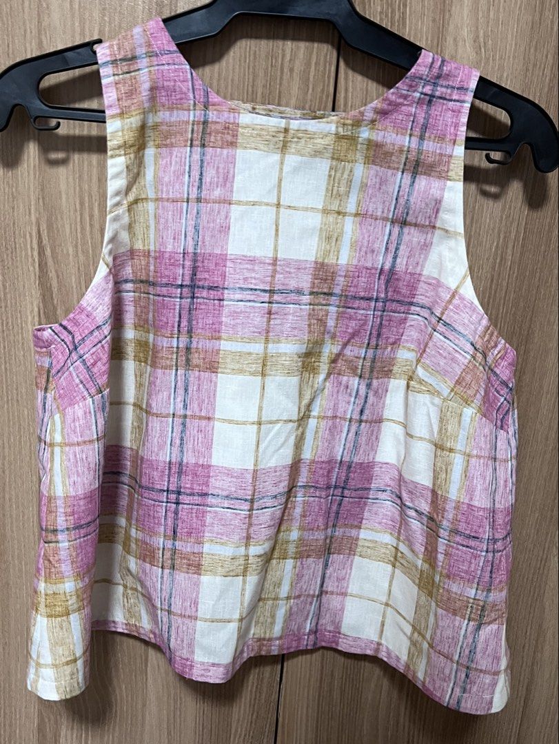 LOFT Pink Plaid Cross-Back Tank Top (Category: Sleeveless) located in Manila. Submitted by sph_preloved (Listing ID 1470704007, Image 1). Description: Price not negotiable unless buying at least 5 items. No ww photos. Location: QC Mode of delivery: grab/lalamove SF to be shouldered by the buyer .