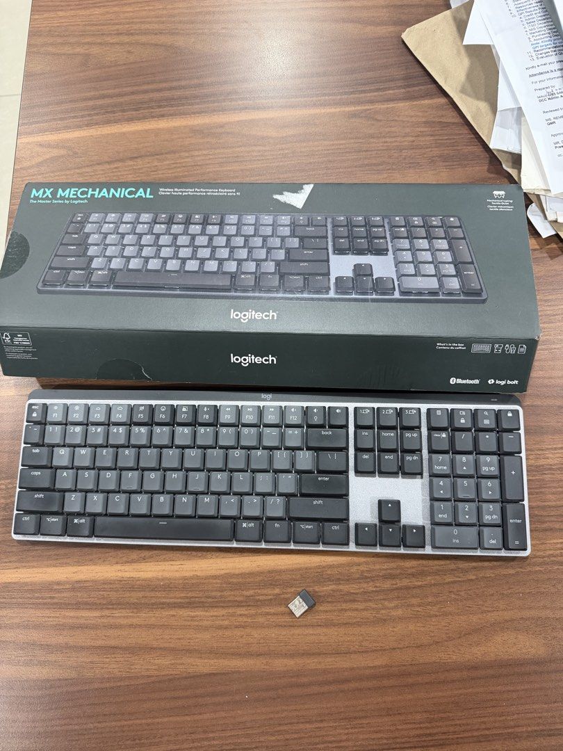 Logitech MX Mechanical Wireless Illuminated Keyboard (Category: Computer Keyboard) located in Manila. Submitted by luxurysellermanila (Listing ID 1470740994, Image 1). Description: - Model: Logitech MX Mechanical Wireless Keyboard (Graphite) - Layout: Full size with Tactile Quiet switches - Connectivity: Bluetooth or Logi Bolt USB receiver (Multi-device pairing supported) - Inclusions: Original box and Logi Bolt receiver - Condition: Clean, minim