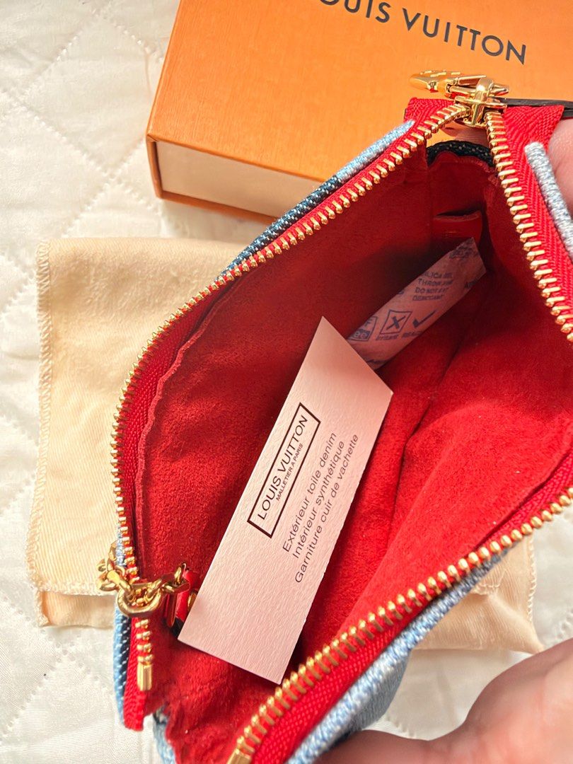 Louis Vuitton Blue Rouge Damier Monogram Denim Patchwork Micro Pochette wallet (Category: Luxury Bags & Wallets) located in Binan City. Submitted by alreadyloved.p (Listing ID 1470599386, Image 2). Description: Louis Vuitton Material: Denim and leather trim Includes: LV dust bag Origin: France Production Year: 2020 Date/Authenticity Code: SF0240 Measurements: 4.75” L x .8” W x 3.25” H Closure/Opening: Single zip closure Interior Lining: Fine text