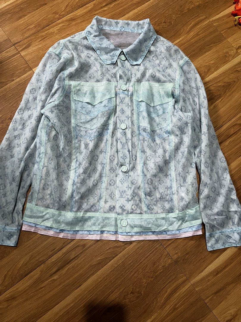 louis vuitton Monogram Mesh Button-Down Jacket Size 38 (Category: Coats, Jackets and Outerwear) located in Manila. Submitted by shanaaa.collects (Listing ID 1470695279, Image 1). Description: - Material: 100% polyester mesh - Design: All-over monogram pattern with pastel multi-color tones at the hem - Features: Front flap pockets and button cuffs - Size: 38 (as listed on tag) - Care instructions: Gentle dry clean only.