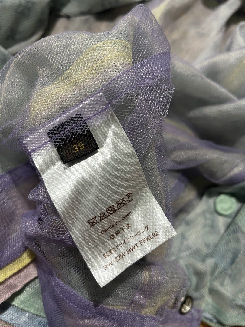louis vuitton Monogram Mesh Button-Down Jacket Size 38 (Category: Coats, Jackets and Outerwear) located in Manila. Submitted by shanaaa.collects (Listing ID 1470695279, Image 3). Description: - Material: 100% polyester mesh - Design: All-over monogram pattern with pastel multi-color tones at the hem - Features: Front flap pockets and button cuffs - Size: 38 (as listed on tag) - Care instructions: Gentle dry clean only.