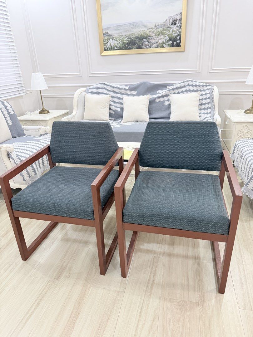 Lounge chair (pre owned) (Category: Chairs) located in Quezon City. Submitted by happyquailegg (Listing ID 1470678314, Image 2). Description: Lounge Chair - good condition 7.5/10 - Green fabric - Wood - With signs of usage - ₱1500 each (₱2500 for both chairs) Location: Alta Vista Homes Reparo Rd. Caloocan city MOP: BPI, Gcash Shipping: Lalamove Length- 60cm Width - 55cm Height- floor to seat 50cm / floor to backrest 84cm.