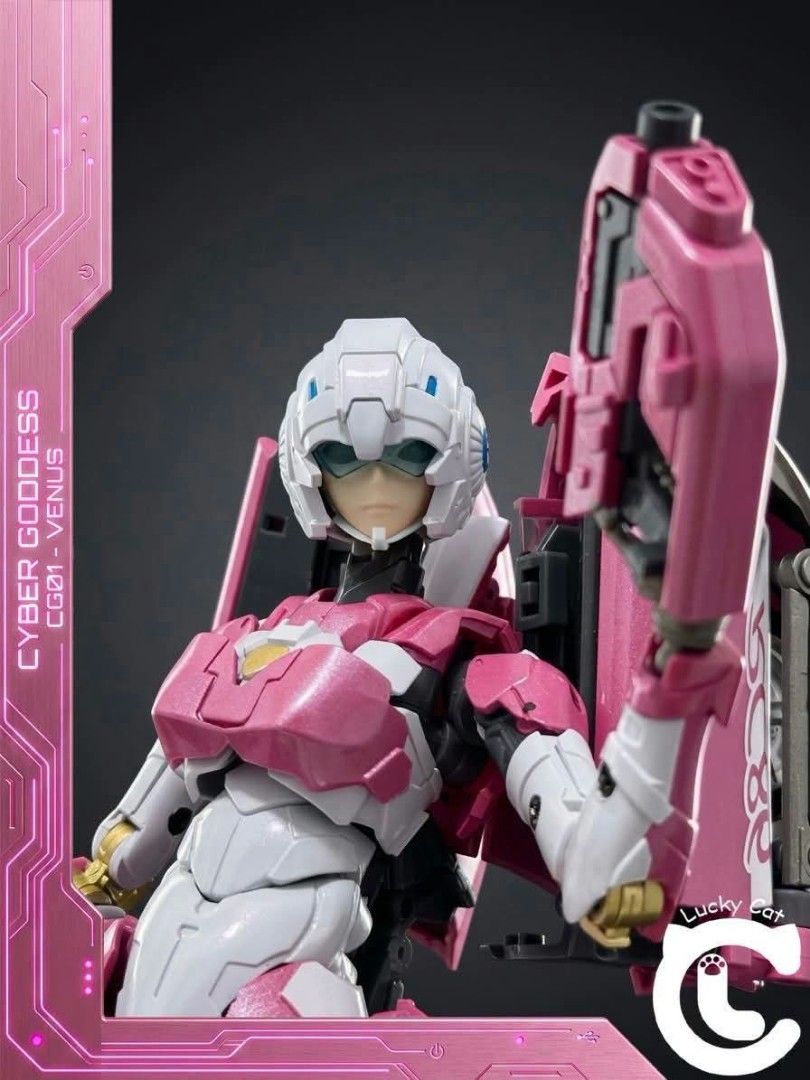Lucky Cat Cyber Goddess CG01 Venus (ARCEE) (Category: Figurines & Statues) located in Manila. Submitted by mauchan00000303 (Listing ID 1470641012, Image 3). Description: - Model: Lucky Cat Cyber Goddess CG01 Venus - Type: Highly articulated mecha anime collectible action figure - Armor: Pink and white with metallic bronze joints and visor detailing - Includes: Twin blasters, backpack unit, and display stand - Special Accessory: Matching pink conv