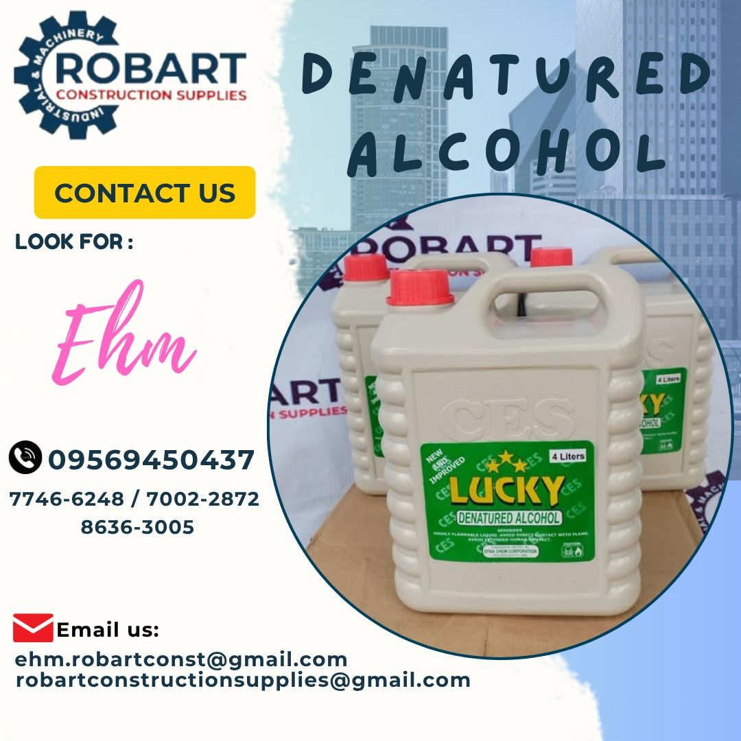 Lucky Denatured Alcohol 4 Liters (Category: Everything Else Others) located in Caloocan City. Submitted by happyphoenix-8966 (Listing ID 1470640932, Image 1). Description: Note: Price is Non VAT. For FAST TRANSACTION: Ehm Robart - 0956.9450.437 Vibr: Ehm Robart - 0956.945.0437 ehm.robartconst@gmail. com Office Address: 1405 Yuseco St. Sta. Cruz Manila 7746-6248, 7216-7605 ,7002-2872, 8-6363005 robartconstructionsupplies@gmail. com website: www.ro