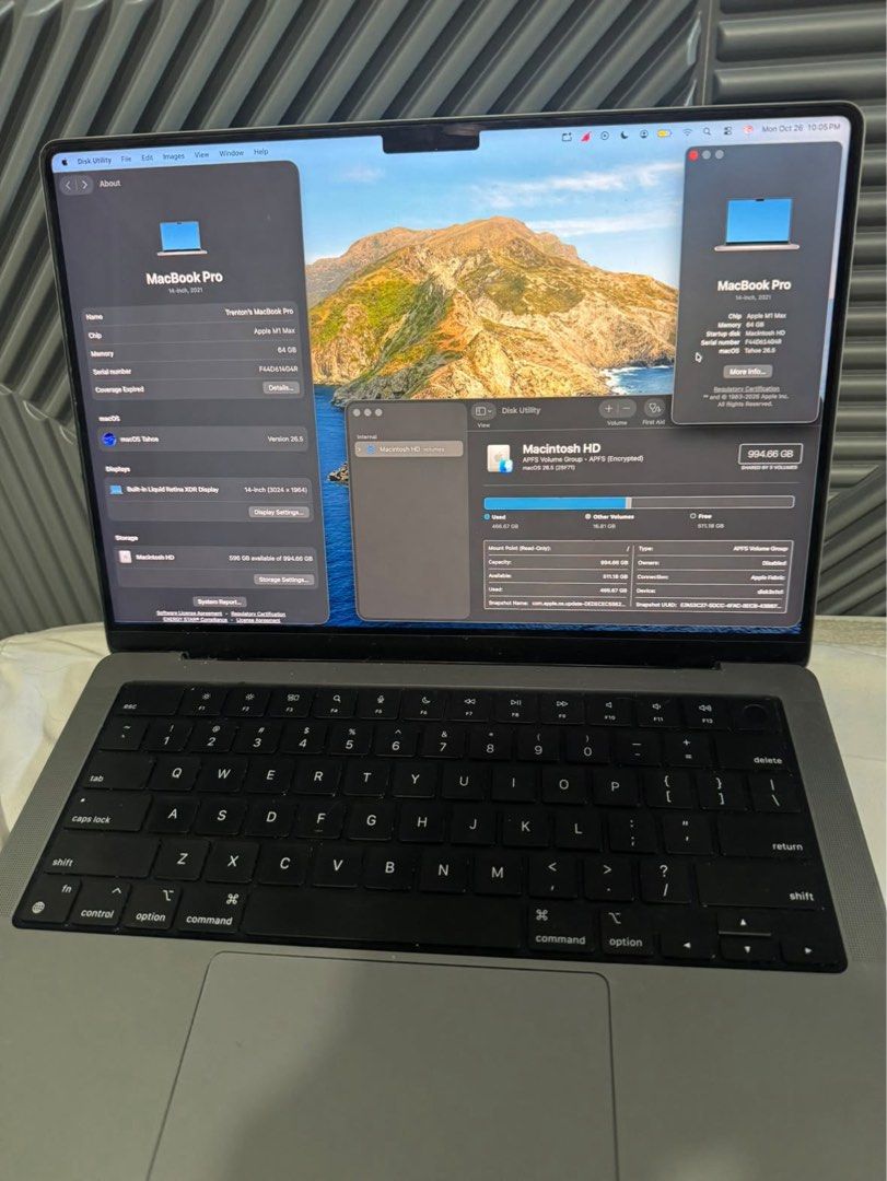 MacBook Pro 14-inch Apple M1 Max 64GB 1TB (Category: Laptops & Notebooks) located in Quezon City. Submitted by ess14 (Listing ID 1470627765, Image 2). Description: - Model: 2021 MacBook Pro, 14-inch - Color: Space Gray - Processor: Apple M1 Max chip - Memory: 64GB RAM - Storage: ~1TB (596GB free available) - Condition: Clean exterior, fully working keyboard and trackpad - Details: Bottom case intact with original rubber feet and screws NEGOTIABLE