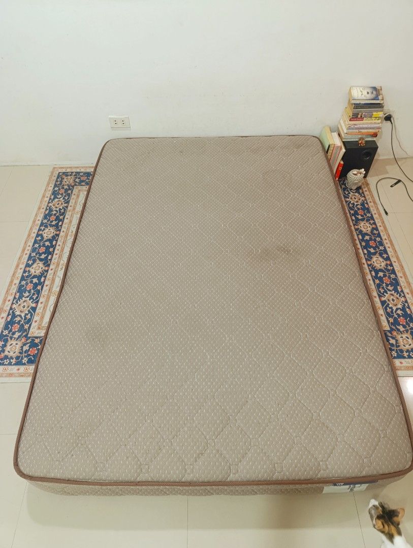 Mandaue Foam Gala Essential Spring Double Mattress 54x75 (Category: Bed Frames & Mattresses) located in Manila. Submitted by gats17 (Listing ID 1470679010, Image 3). Description: Mandaue Foam Gala Essential spring mattress in Darby Brown. - Double size measuring 54 x 75 inches. - Used condition (1.5 yr) with visible cat scratches on the surface and edges as pictured. - Original tag intact on the side..